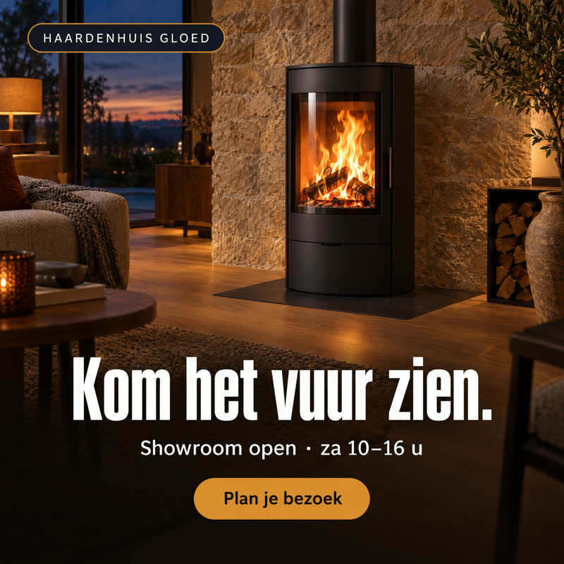 Voorbeeldadvertentie voor een verzonnen haardenzaak: brandende kachel met de kop Kom het vuur zien.